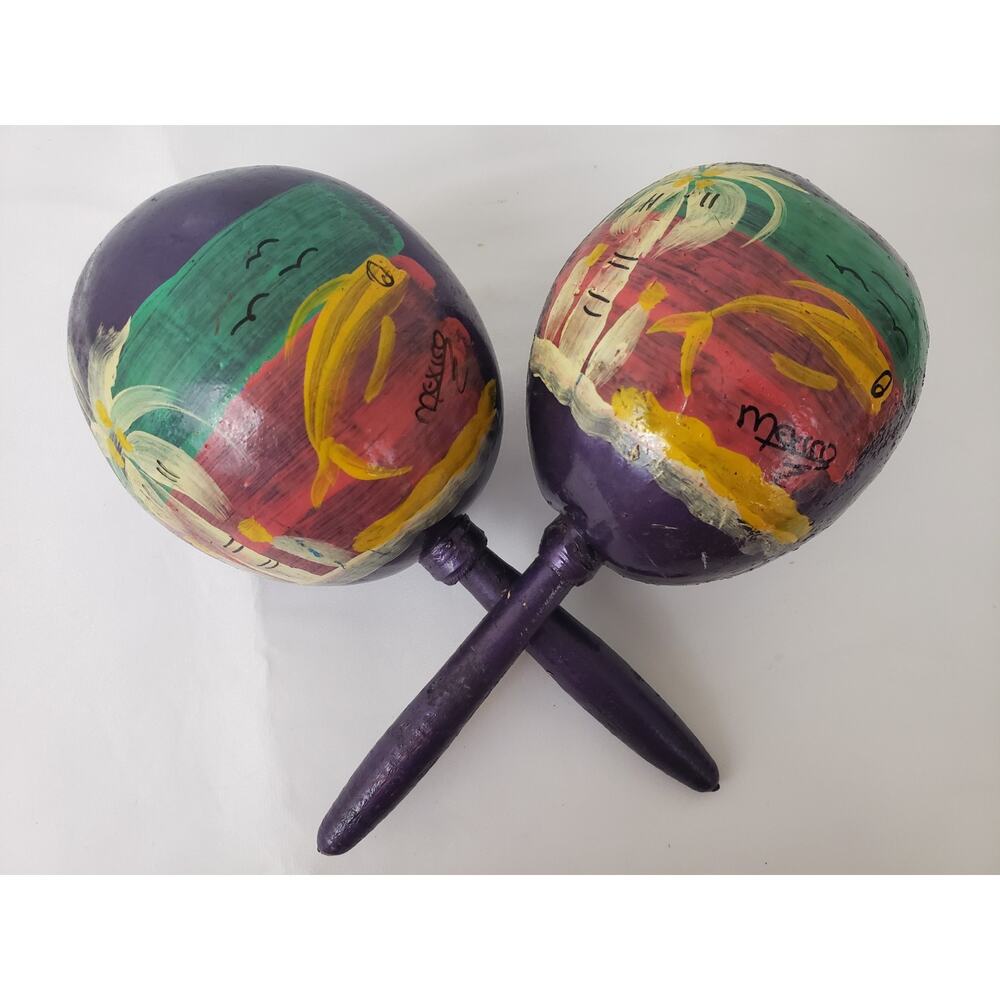 Vintage Mexico Mexican Gourd Maracas Wooden Handles Hand Painted Purple Folk Art